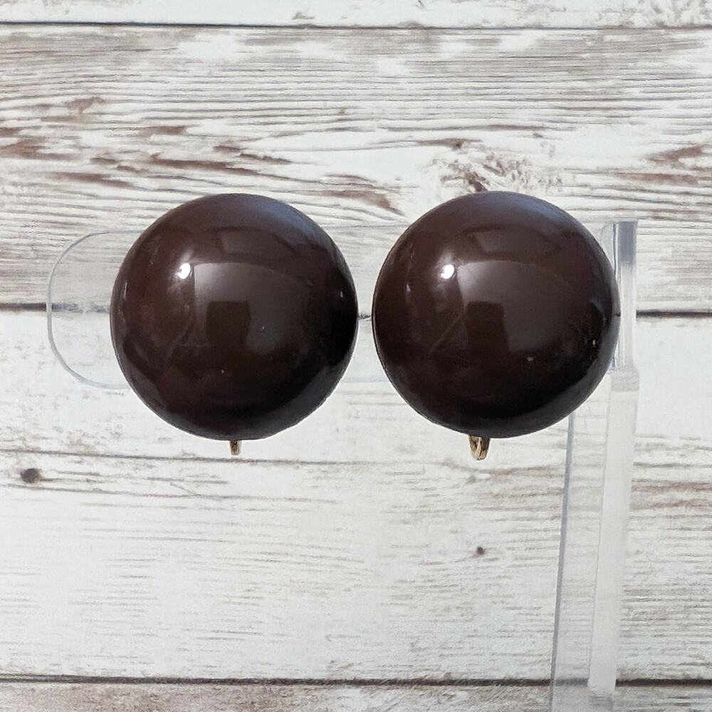 Vintage Clip On Earrings Dark Brown Domed Circle Just Over 7/8"